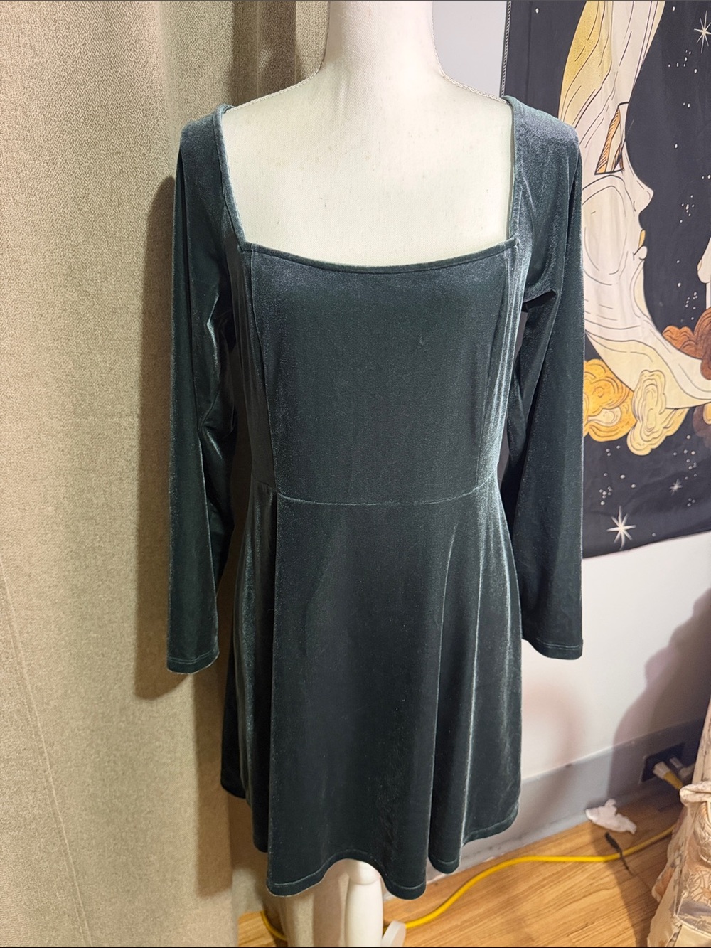 Old Navy Dark Teal Velvet Square Neck Long Sleeve Mini Dress